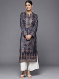 varanga women navy blue beige floral printed winter kurta 1