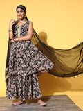 Varanga Women Black Floral Printed Pleated Kurta with Sharara & With Dupatta