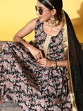 Varanga Women Black Floral Printed Pleated Kurta with Sharara & With Dupatta