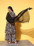 Varanga Women Black Floral Printed Pleated Kurta with Sharara & With Dupatta