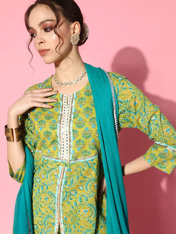 Varanga Women Green Floral Printed Mirror Work Pure Cotton Kurta with Palazzos & With Dupatta