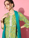 Varanga Women Green Floral Printed Mirror Work Pure Cotton Kurta with Palazzos & With Dupatta