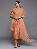 Varanga Women Peach Floral Kurta With Manderian Collar With Tonal Trouser & Tonal Dupatta