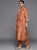 Varanga Women Peach Floral Kurta With Manderian Collar With Tonal Trouser & Tonal Dupatta