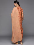 Varanga Women Peach Floral Kurta With Manderian Collar With Tonal Trouser & Tonal Dupatta