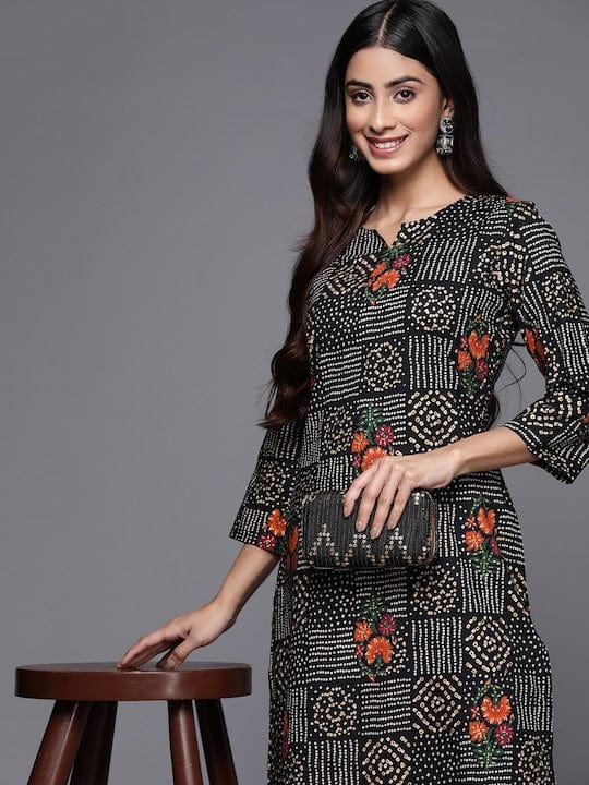 KSUT Women Black Bhandhani & Floral Printed Straight Kurta With Round Neck
