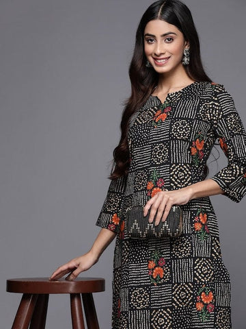 KSUT Women Black Bhandhani & Floral Printed Straight Kurta With Round Neck