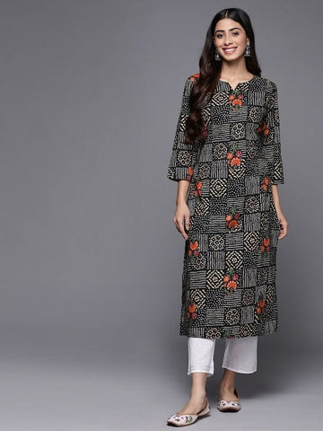 KSUT Women Black Bhandhani & Floral Printed Straight Kurta With Round Neck