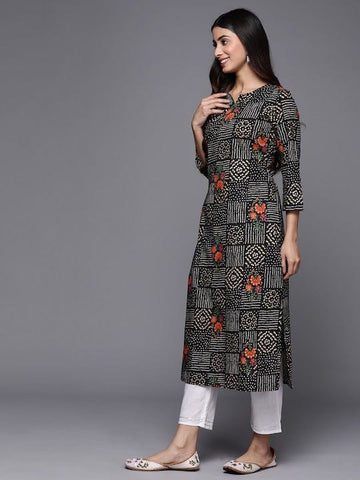 KSUT Women Black Bhandhani & Floral Printed Straight Kurta With Round Neck