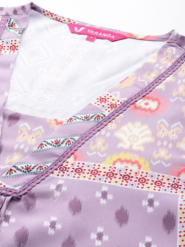 KSUT Women Lavender Abstract Printed V-Neck A-Line Kurta Paired With Tonal Bottom