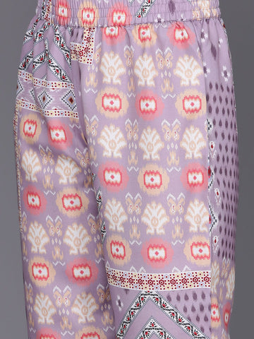 KSUT Women Lavender Abstract Printed V-Neck A-Line Kurta Paired With Tonal Bottom
