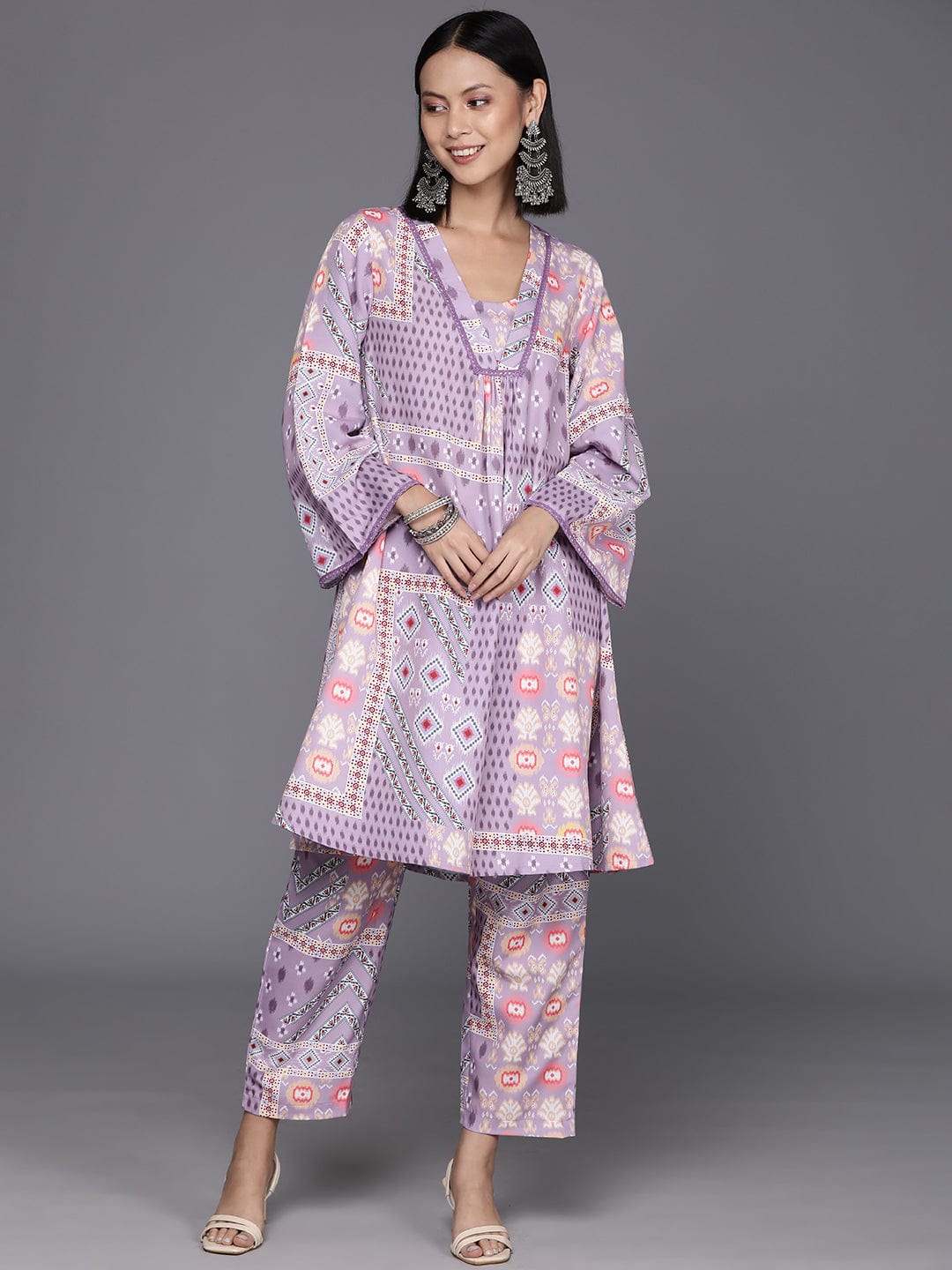 KSUT Women Lavender Abstract Printed V-Neck A-Line Kurta Paired With Tonal Bottom