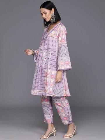 KSUT Women Lavender Abstract Printed V-Neck A-Line Kurta Paired With Tonal Bottom