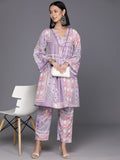 Varanga Women Lavender Abstract Printed V-Neck A-Line Kurta Paired With Tonal Bottom