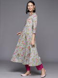 Grey Floral Printed Anarkali Kurta Paired With Bottom And Dupatta