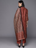 Rust Abstract Printed Straight Kurta Paired With Tonal Bottom And Contrast Floral Printed Dupatta