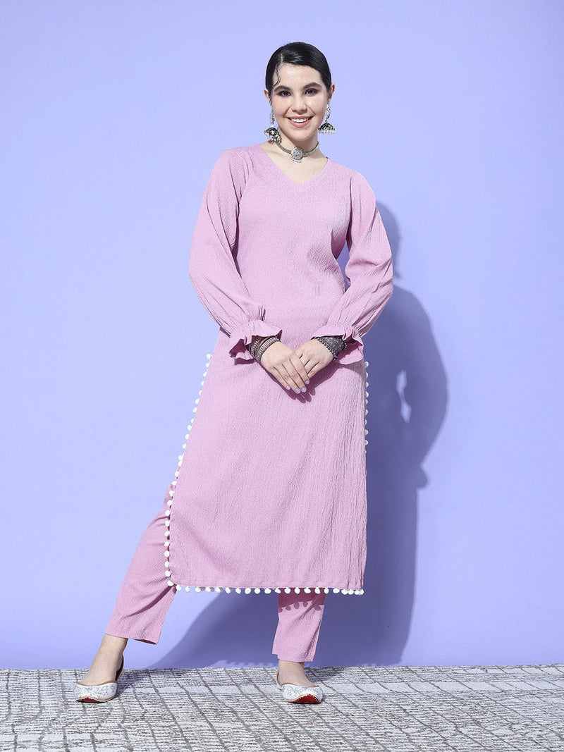 Mauve Straight Kurta With Pom Pom Hem Paired With Tonal Bottom