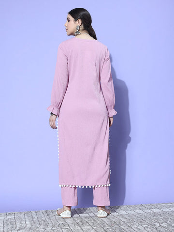 Mauve Straight Kurta With Pom Pom Hem Paired With Tonal Bottom