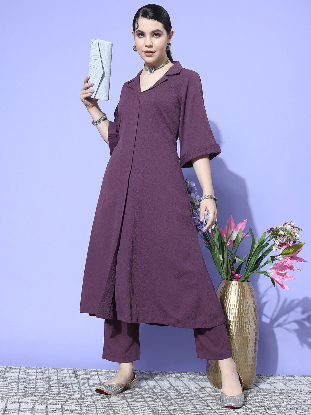 Mauve Shirt Collar Neck A-Line Kurta Paired With Tonal Bottom