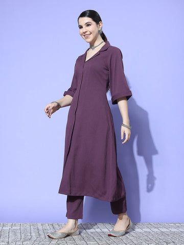 Mauve Shirt Collar Neck A-Line Kurta Paired With Tonal Bottom