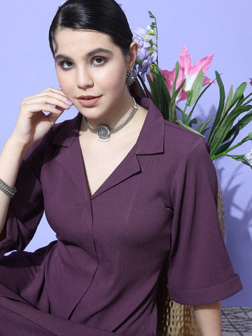 Mauve Shirt Collar Neck A-Line Kurta Paired With Tonal Bottom