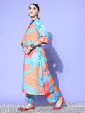 Blue And Rust Abstract Printed Shirt Collar A-Line Kurta Paired With Tonal Bottom