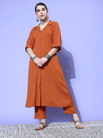 Rust Shirt Collar Neck A-Line Kurta Paired With Tonal Bottom