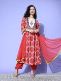 Red Ethnic Motif Printed Anarkali Kurta Paired With Tonal Solid Bottom And Dupatta