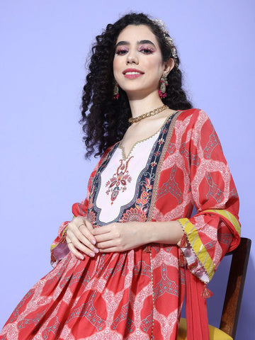 Red Ethnic Motif Printed Anarkali Kurta Paired With Tonal Solid Bottom And Dupatta