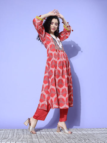 Red Ethnic Motif Printed Anarkali Kurta Paired With Tonal Solid Bottom And Dupatta