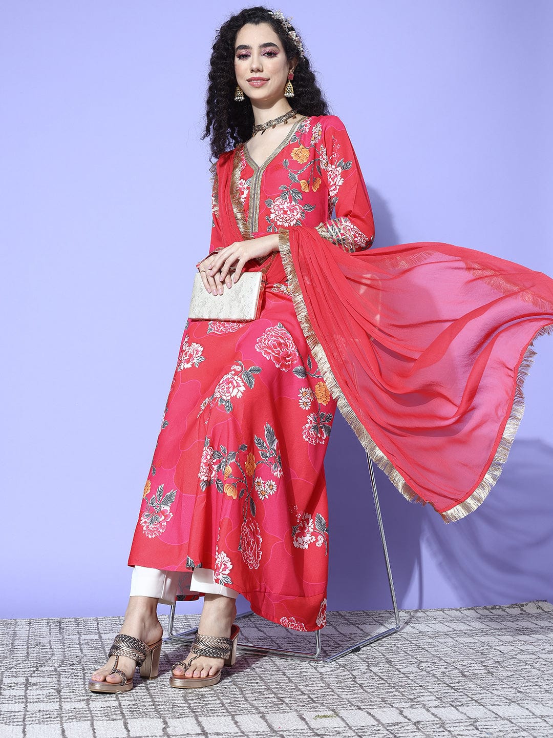 Pink Floral Printed V-Neck, Anarkali Kurta Paired With Tonal Chiffon Dupatta