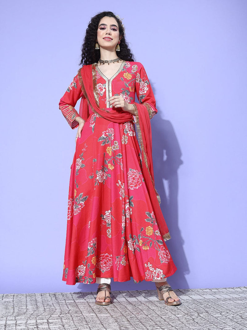 Pink Floral Printed V-Neck, Anarkali Kurta Paired With Tonal Chiffon Dupatta