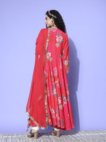 Pink Floral Printed V-Neck, Anarkali Kurta Paired With Tonal Chiffon Dupatta