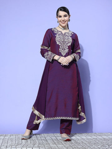 Violet Embroidered Straight Kurta Paired With Tonal Bottom And Dupatta With Four Side Fringes