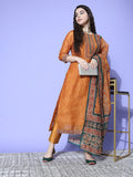 Rust Lehariya Printed Kurta Paired With Tonal Bottom And Thread Embroidered Dupatta