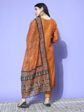Rust Lehariya Printed Kurta Paired With Tonal Bottom And Thread Embroidered Dupatta