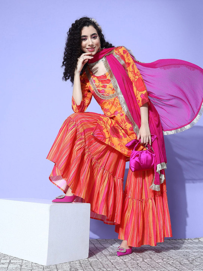 Yellow Abstract Printed Straight Kurta Paired With Sharara And Dupatta
