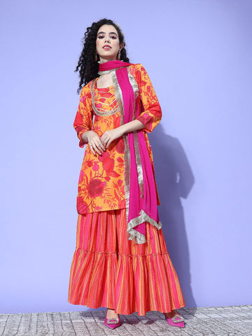 Yellow Abstract Printed Straight Kurta Paired With Sharara And Dupatta