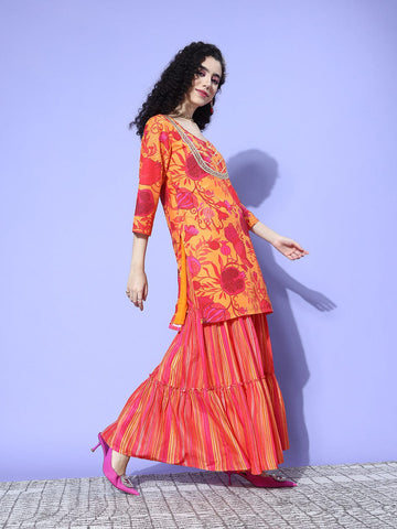 Yellow Abstract Printed Straight Kurta Paired With Sharara And Dupatta