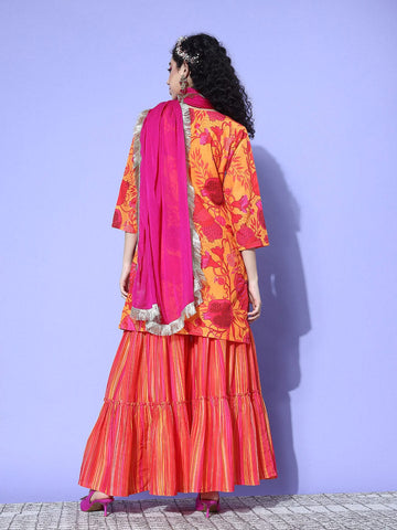 Yellow Abstract Printed Straight Kurta Paired With Sharara And Dupatta