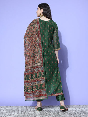Green Floral Printed Kurta Paired With Tonal Bottom And Thread Embroidered Dupatta