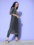 Grey Paisley Printed Kurta Paired With Tonal Bottom And Thread Embroidered Dupatta