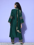 Green Embroidered Straight Kurta Paired With Tonal Embroidered Bottom And With Tonal Chiffon Dotted Dupatta