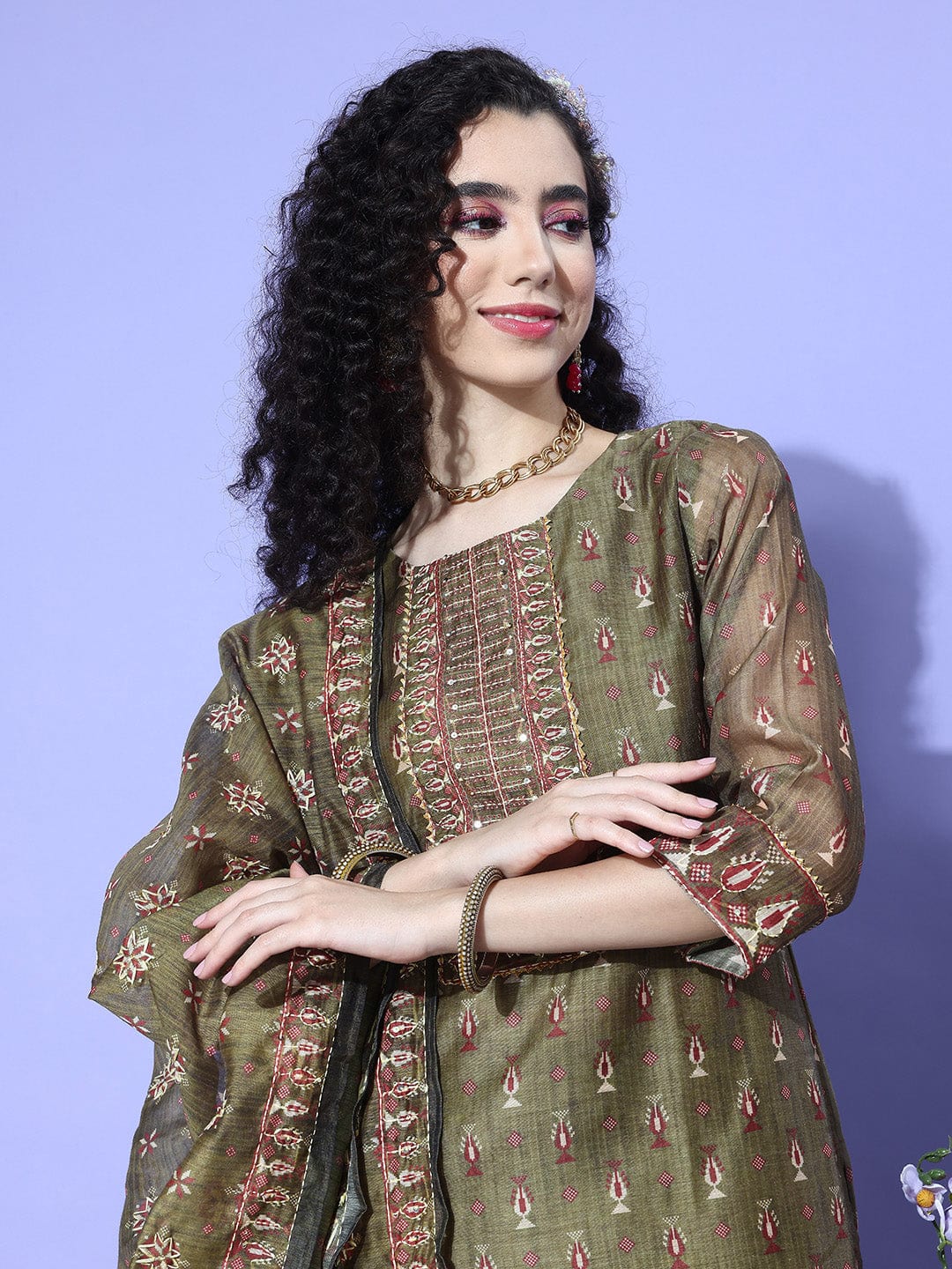 Olive Ethnic Motif Printed Kurta Paired With Bottom And Dupatta