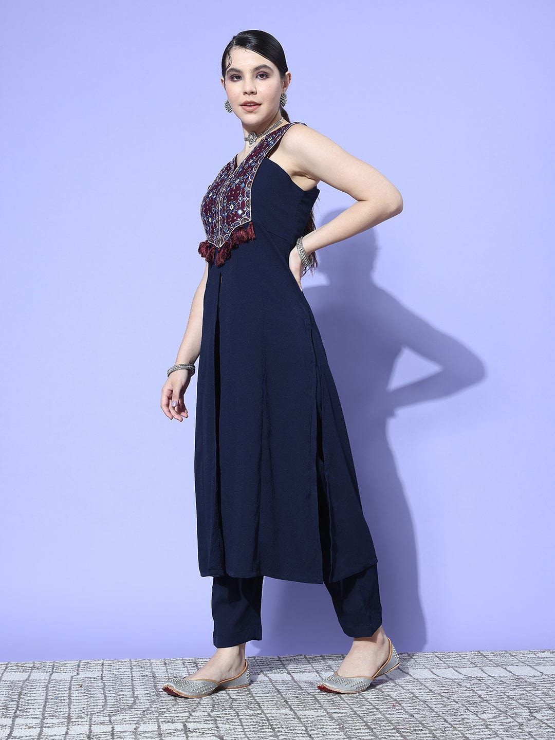 Navy Blue V-Neck With Contrast Embroidered Yoke Sleeveless Straight Kurta With Mutliple Detail Paired With Tonal Bottom