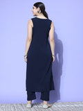 Navy Blue V-Neck With Contrast Embroidered Yoke Sleeveless Straight Kurta With Mutliple Detail Paired With Tonal Bottom