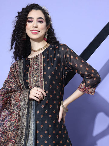 Black Floral Printed Kurta Paired With Tonal Bottom And Thread Embroidered Dupatta
