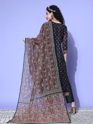 Black Floral Printed Kurta Paired With Tonal Bottom And Thread Embroidered Dupatta