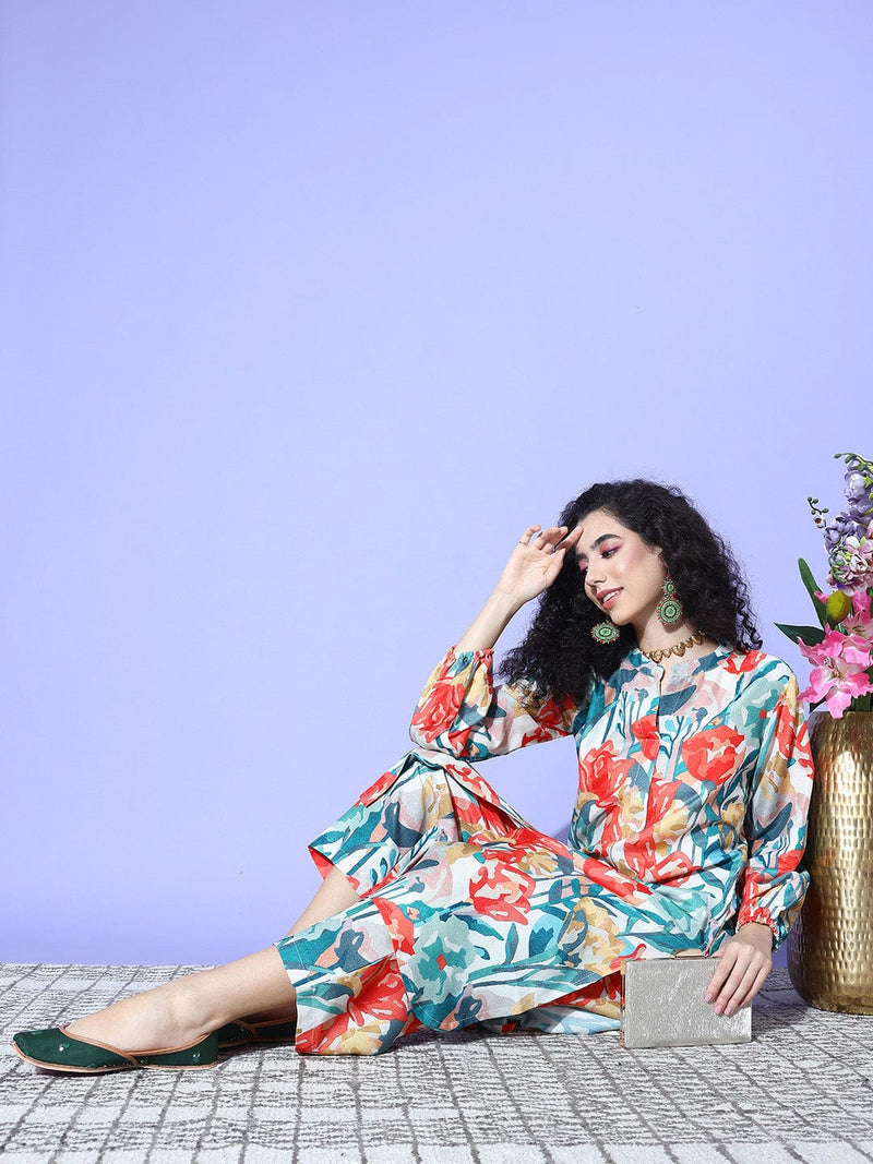 Cream Floral Printed High Low Straight Kurta Paired With Tonal Bottom