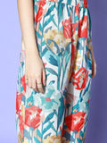 Cream Floral Printed High Low Straight Kurta Paired With Tonal Bottom